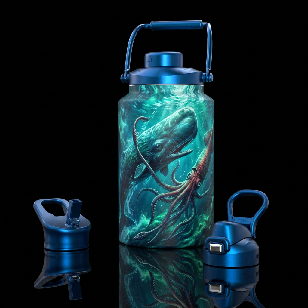 Sea battle between a sperm whale and a giant squid water bottle design