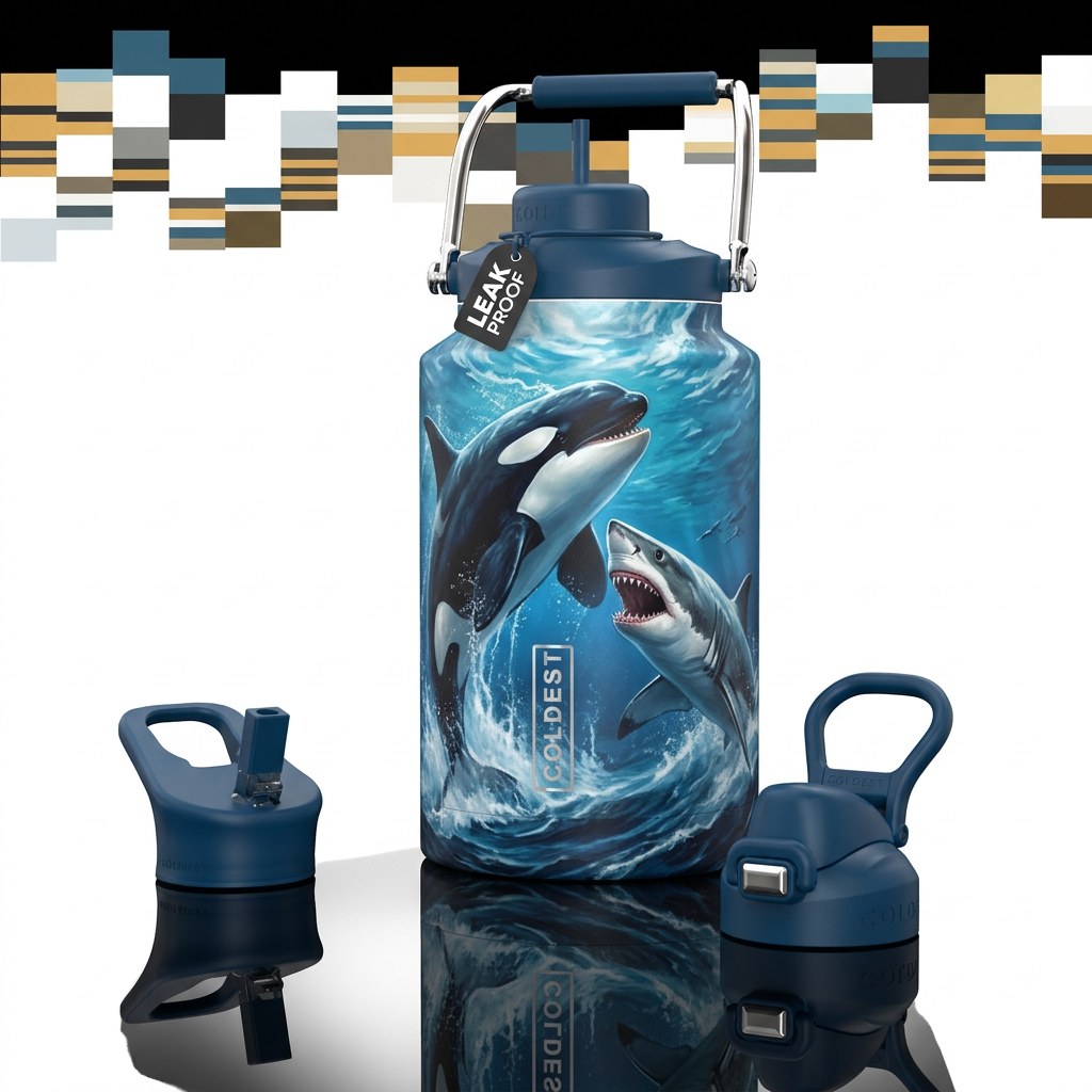 Sea battle between an Orca and a Great White Shark water bottle design