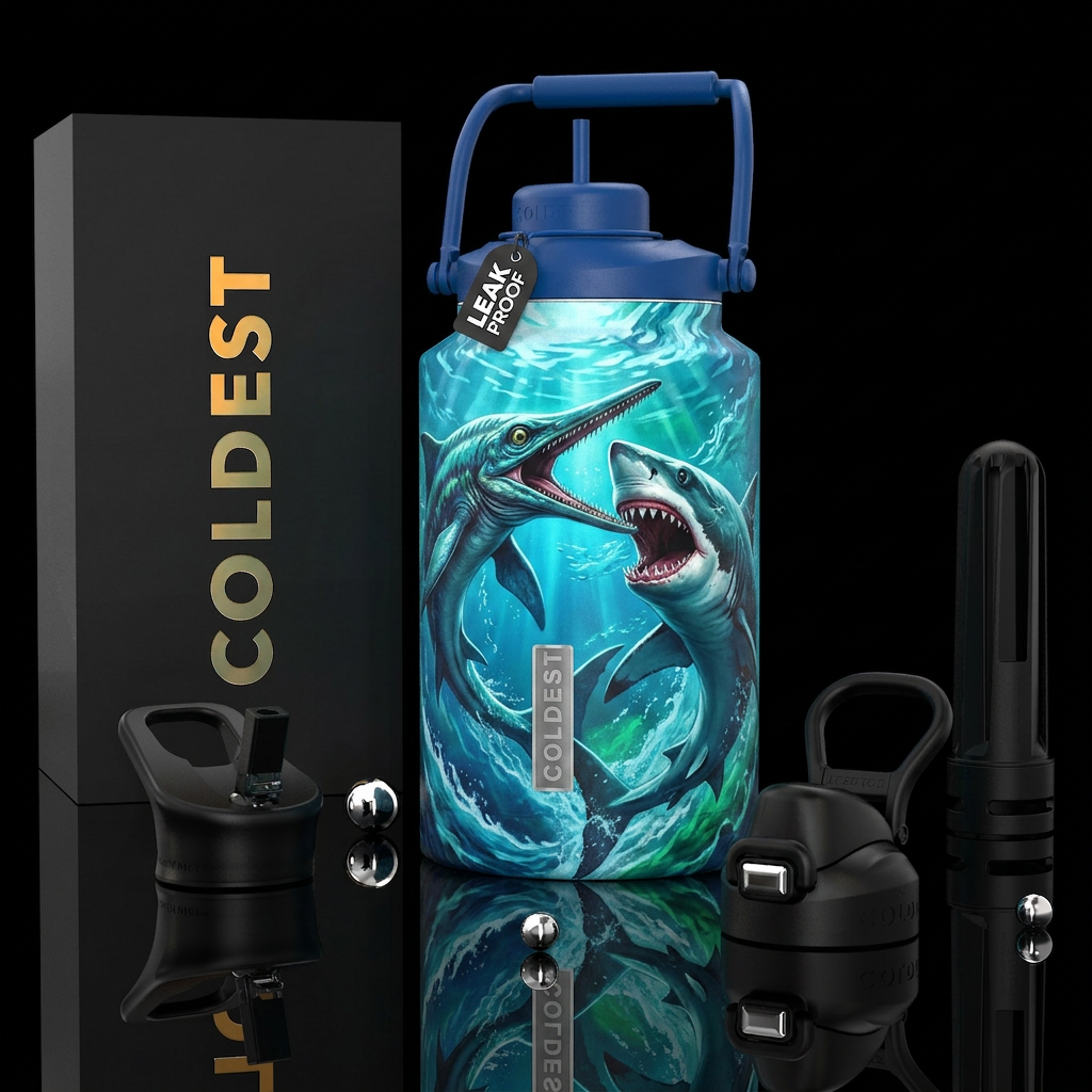 Sea battle between an ithiosaur and a Megaladon water bottle design