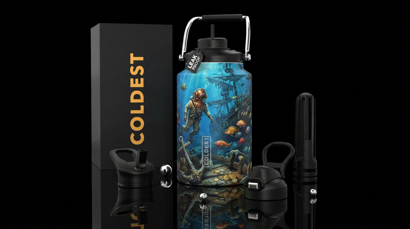 Diver in copper helmet diving suit diving on a pir... water bottle design