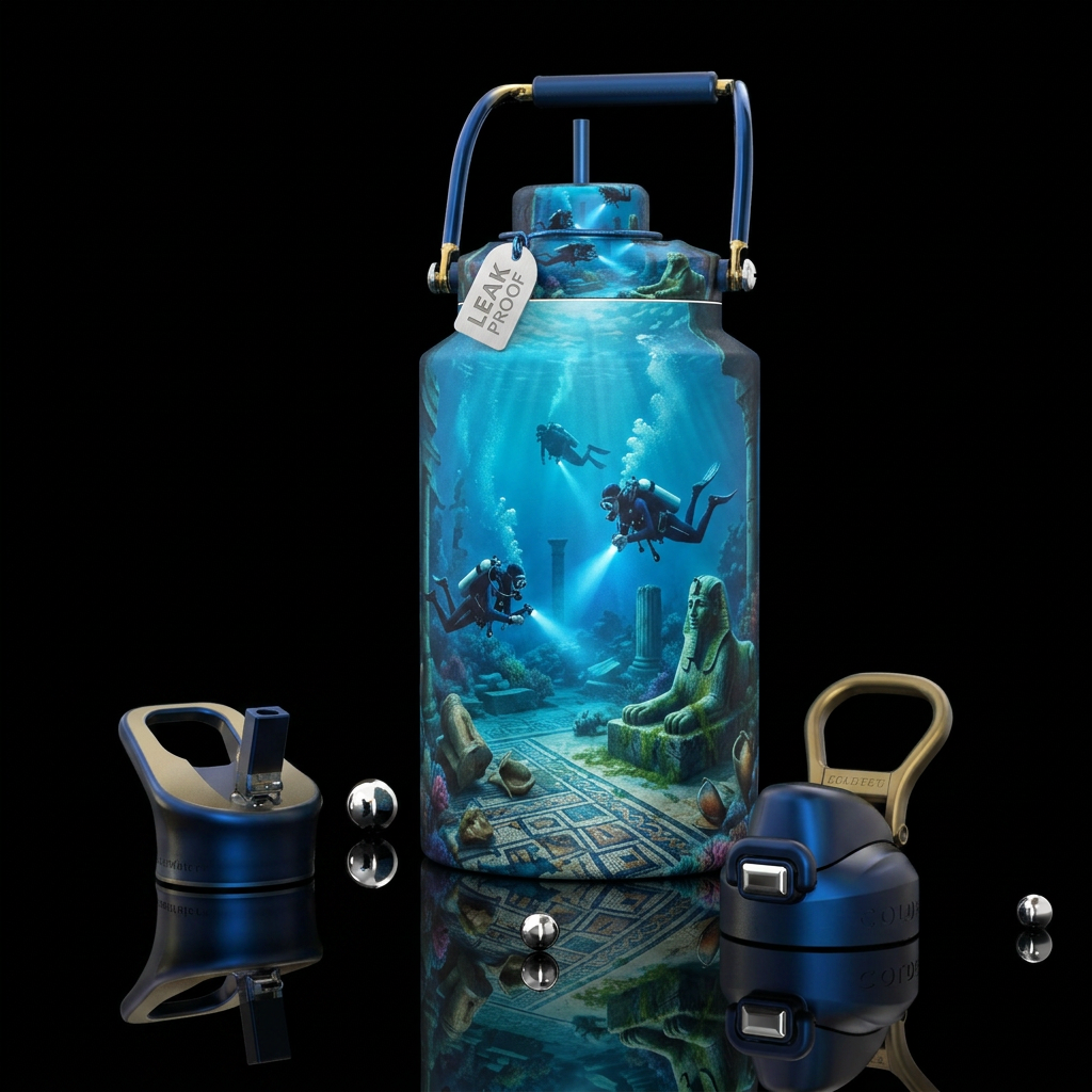 Divers discovering Alexandria Egypt underwater water bottle design