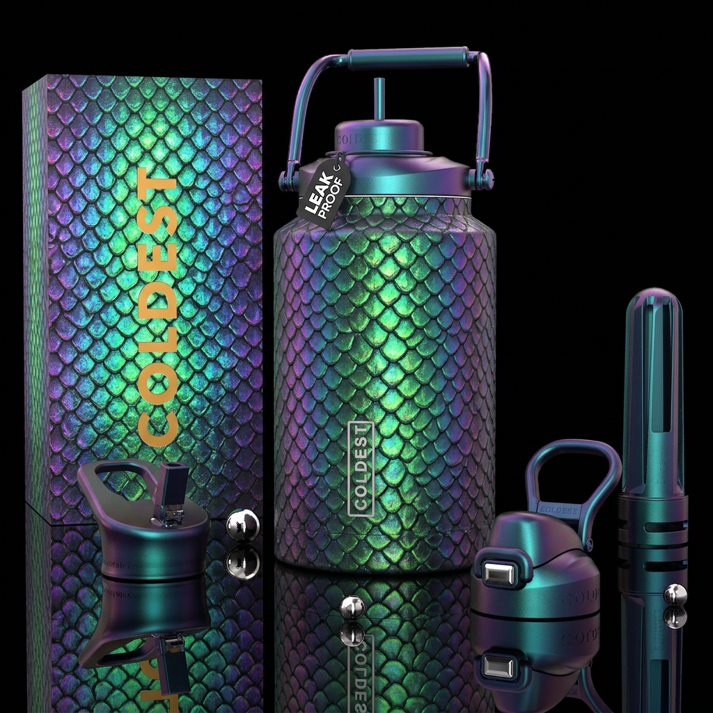 Iridescent realistic glowy veloceraptor scales water bottle design