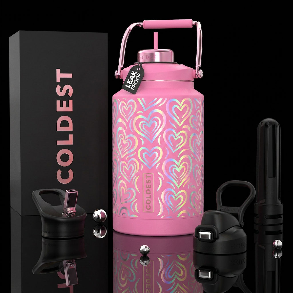 Flat pink with swirly glowy iridescent hearts water bottle design