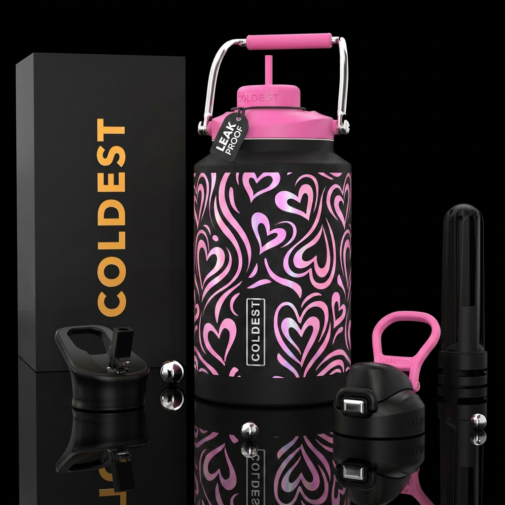 Flat pink with swirly glowy iridescent hearts water bottle design