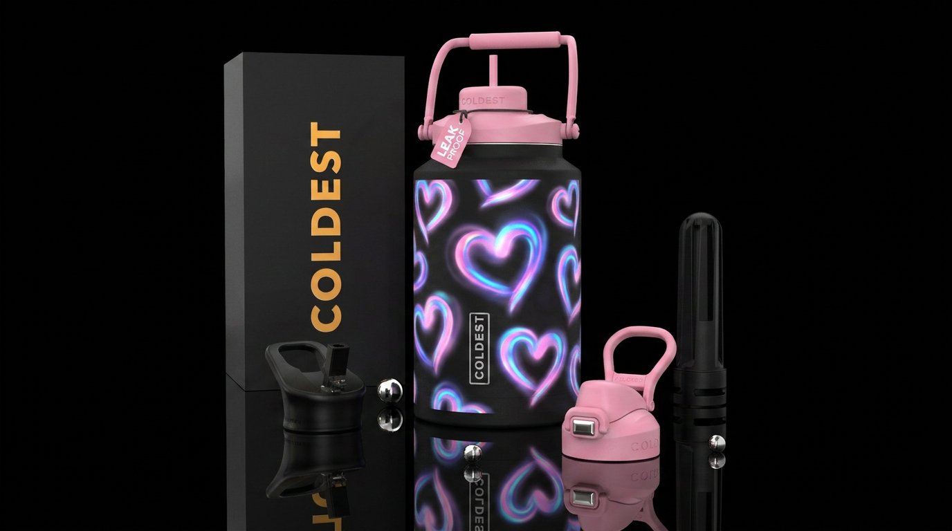 Flat pink with swirly glowy iridescent hearts water bottle design