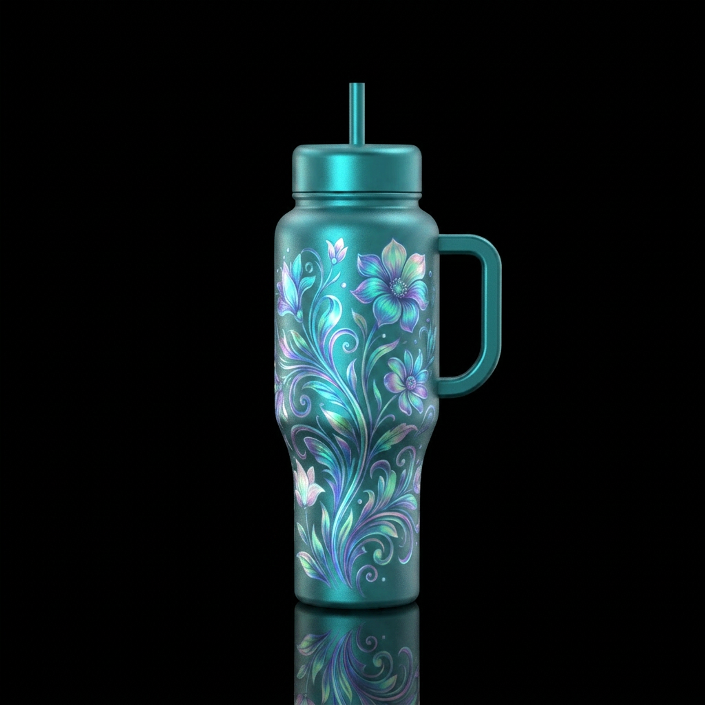 Teal Metalic flat tumbler with swirly iridescent g... water bottle design