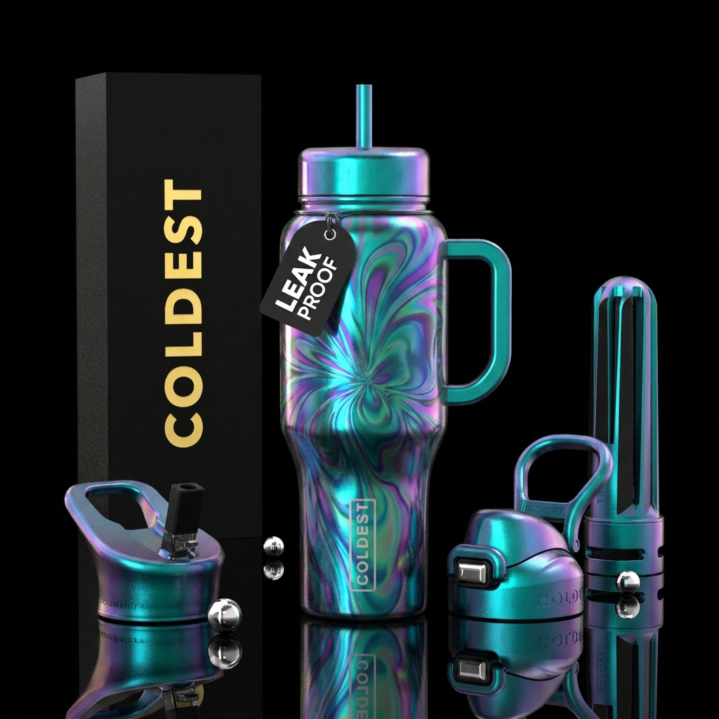 Teal Metalic flat tumbler with swirly iridescent g... water bottle design