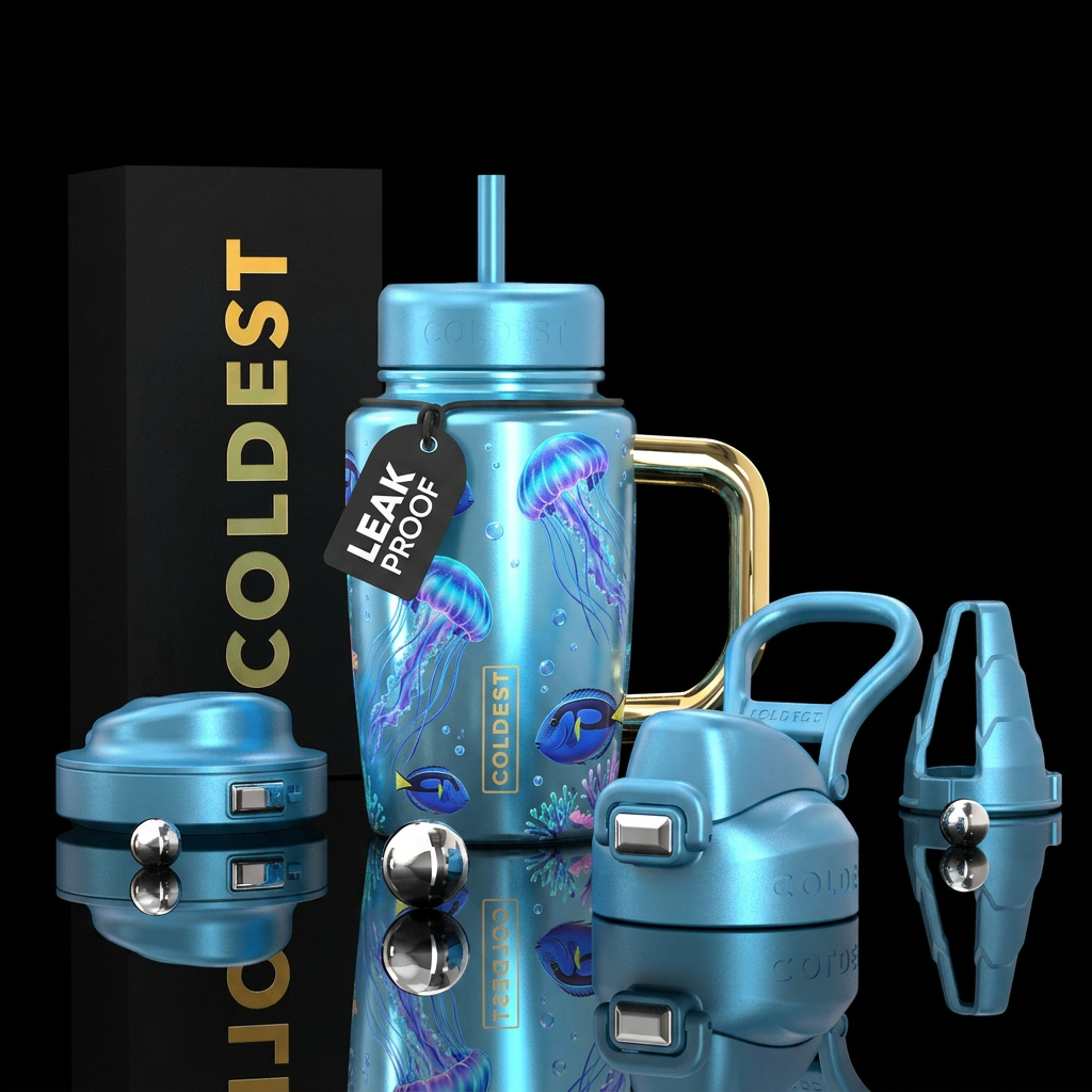 Light Metalic blue with iridescent glowy jellyfish... water bottle design