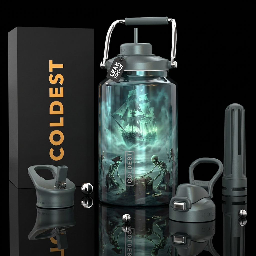 Lost ghost ship reappearing out of glowy fog. Skel... water bottle design