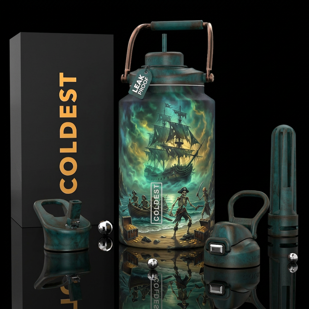 Lost ghost ship reappearing out of glowy fog. Skel... water bottle design