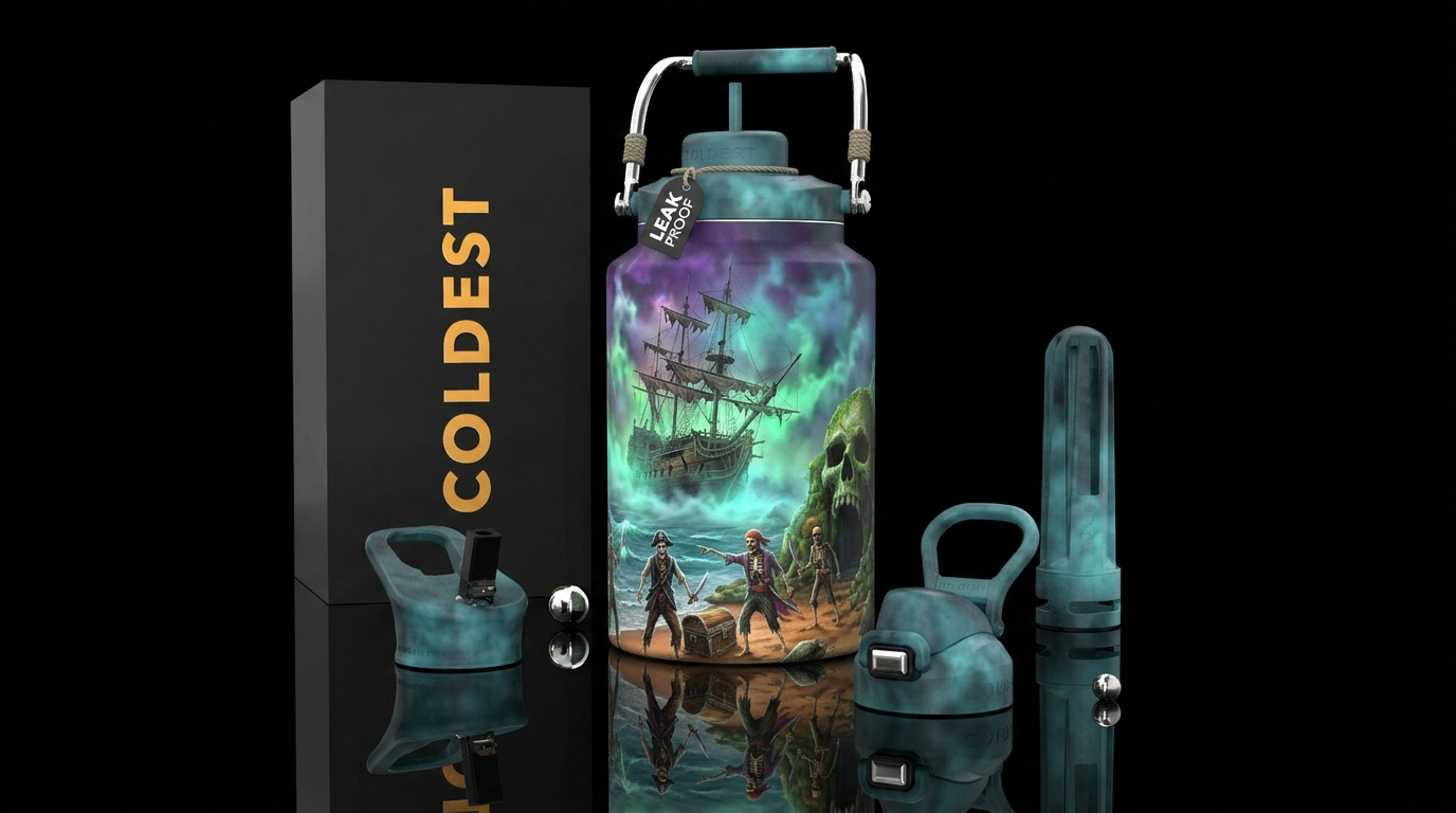 Lost ghost ship reappearing out of glowy fog. Skel... water bottle design
