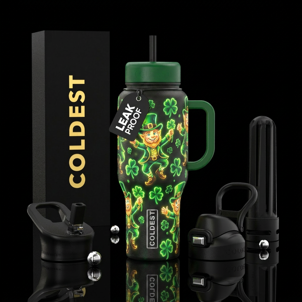 Glowy leprechauns and glowy shamrocks water bottle design
