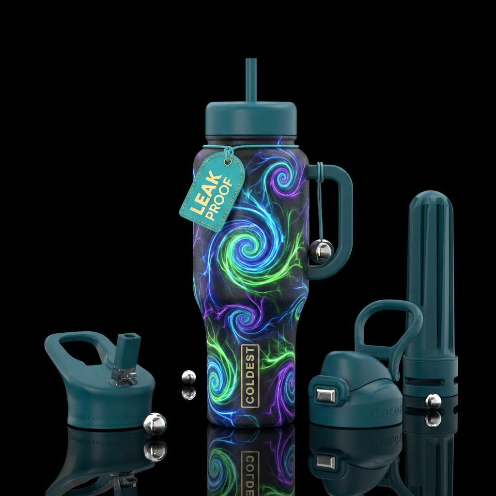 Glowy abstract spirals water bottle design