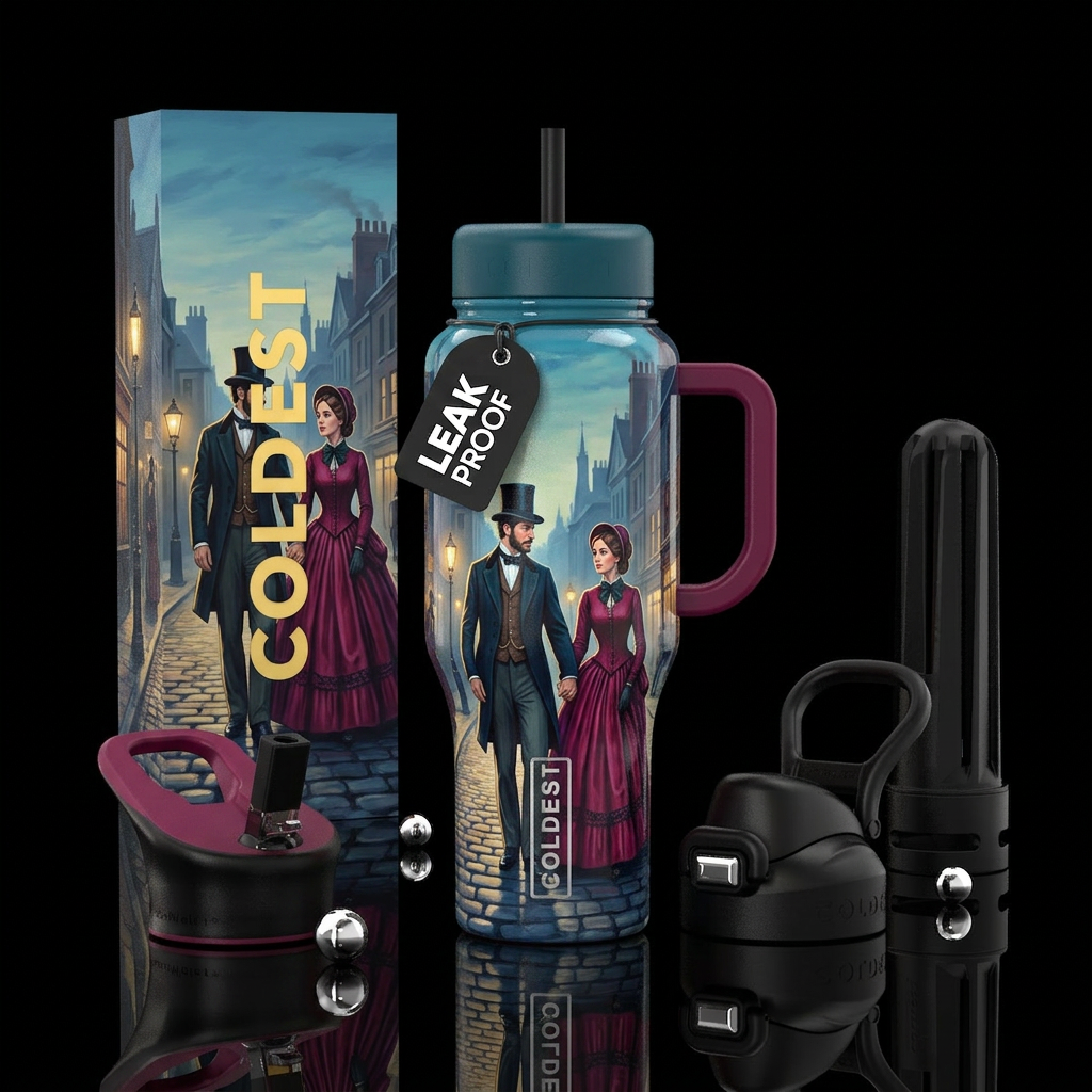 Couple strolling down the streets of 1850s London water bottle design