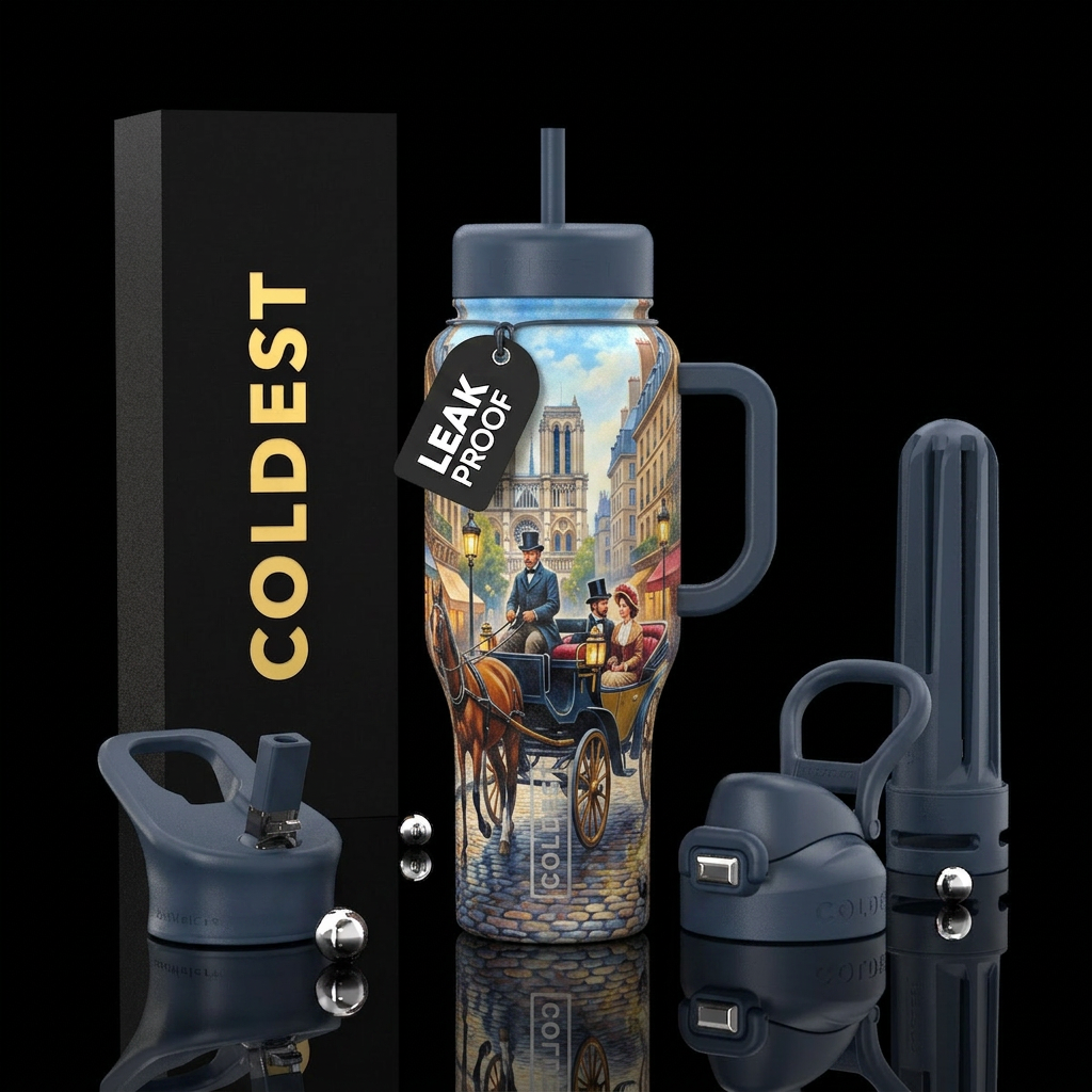 Carriage ride for couple down the streets of mid 1... water bottle design
