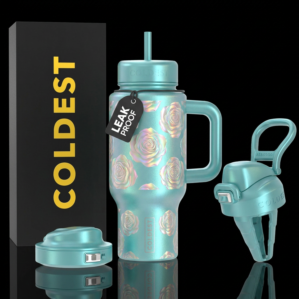Iridescent pearl roses on a pearl teal tumbler water bottle design