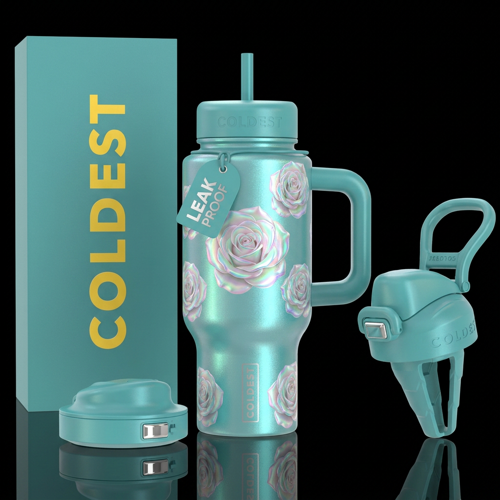 Iridescent pearl roses on a pearl teal tumbler water bottle design