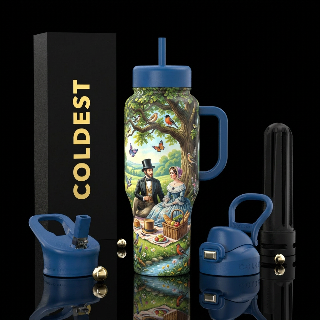 1850s couple picnic under a tree during summer wit... water bottle design