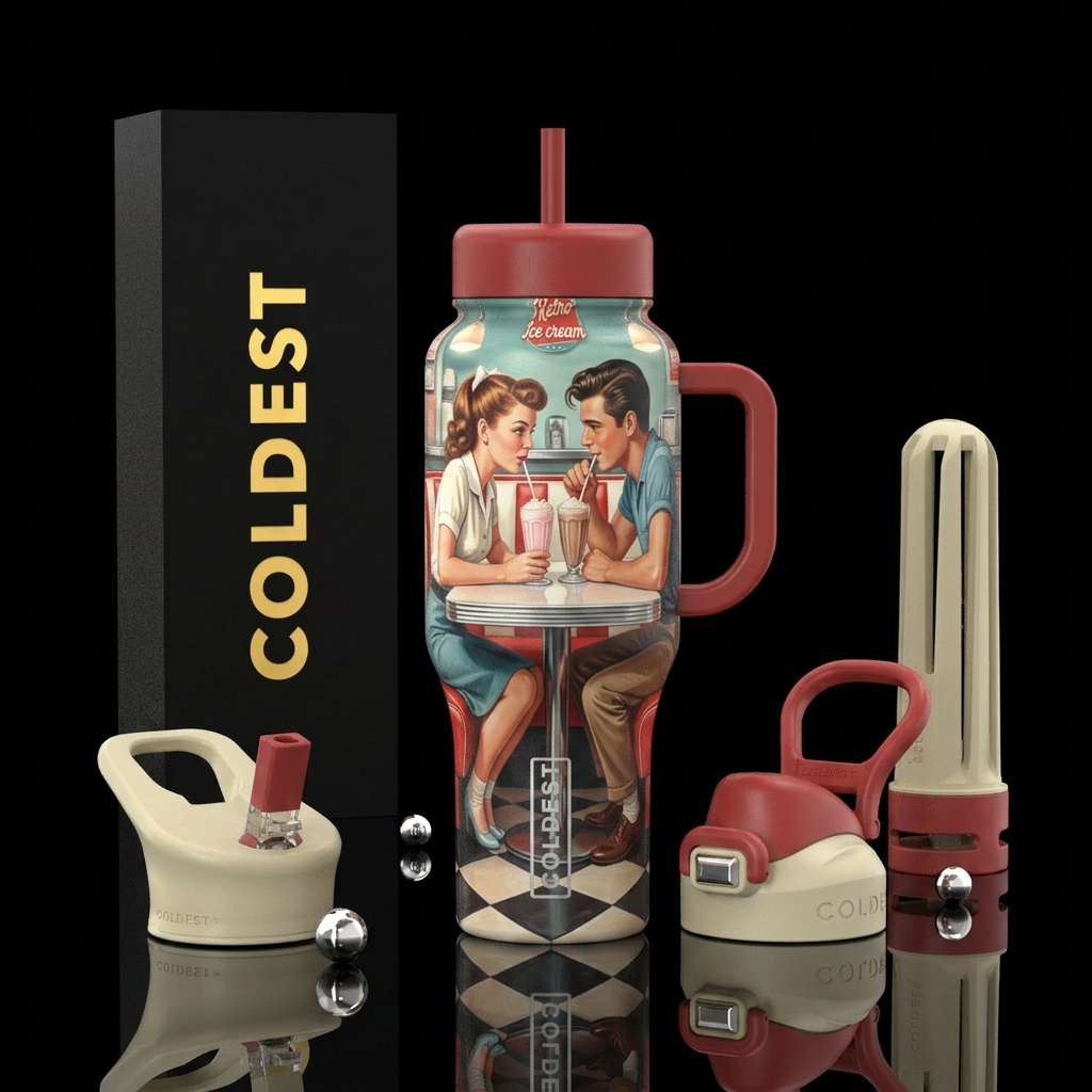 Couple getting a malt in a  1950s ice cream shop water bottle design
