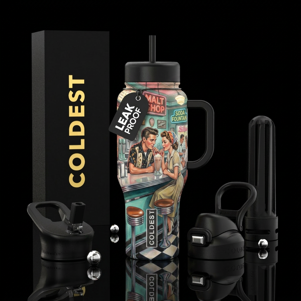 Couple getting a malt in a  1950s ice cream shop water bottle design