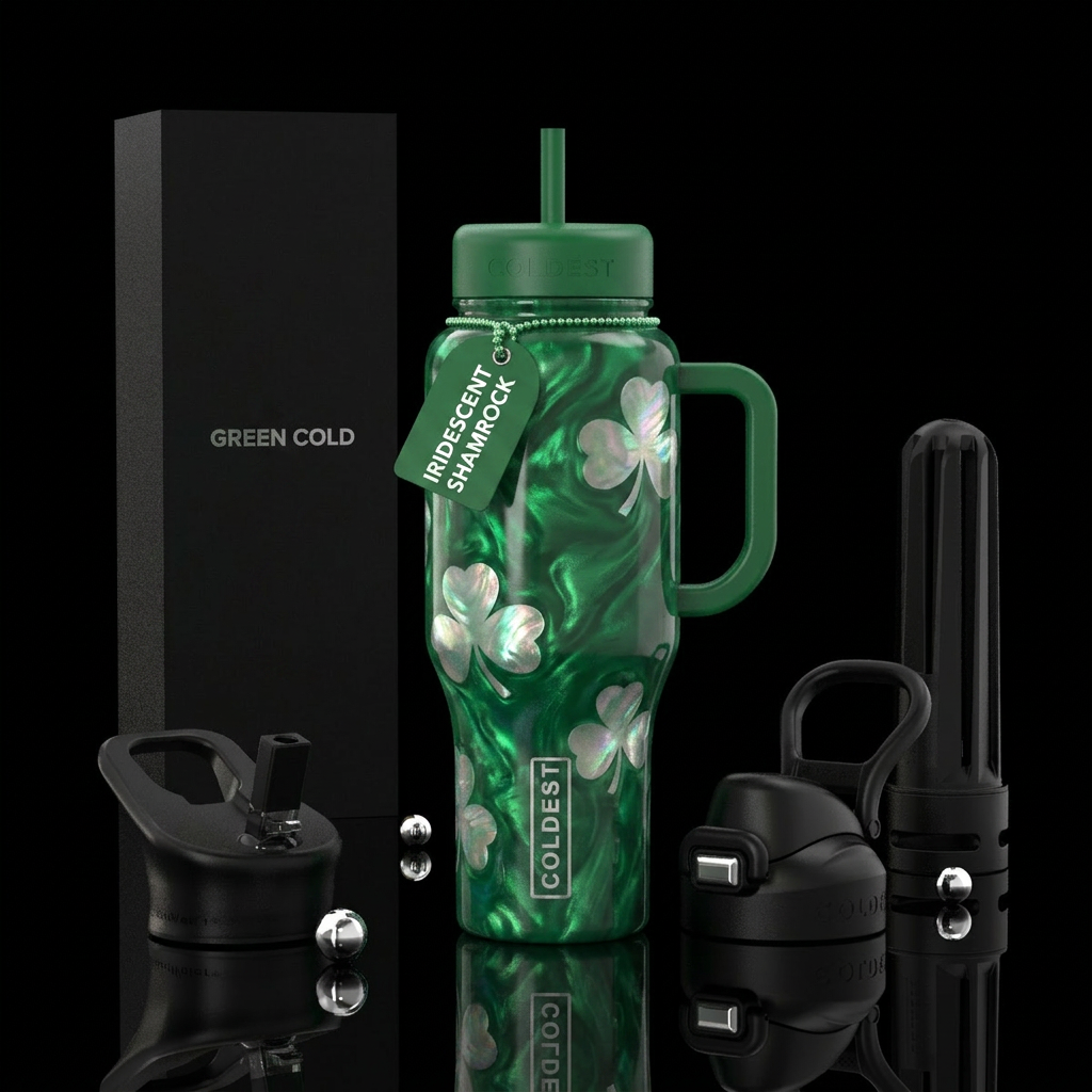 Green with iridescent swirly pearl shamrocks water bottle design