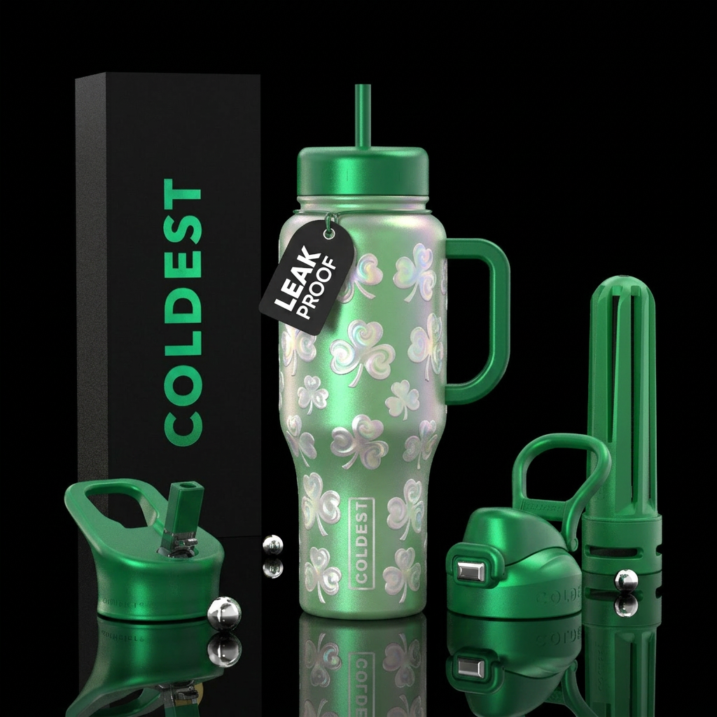 Green with iridescent swirly pearl shamrocks water bottle design