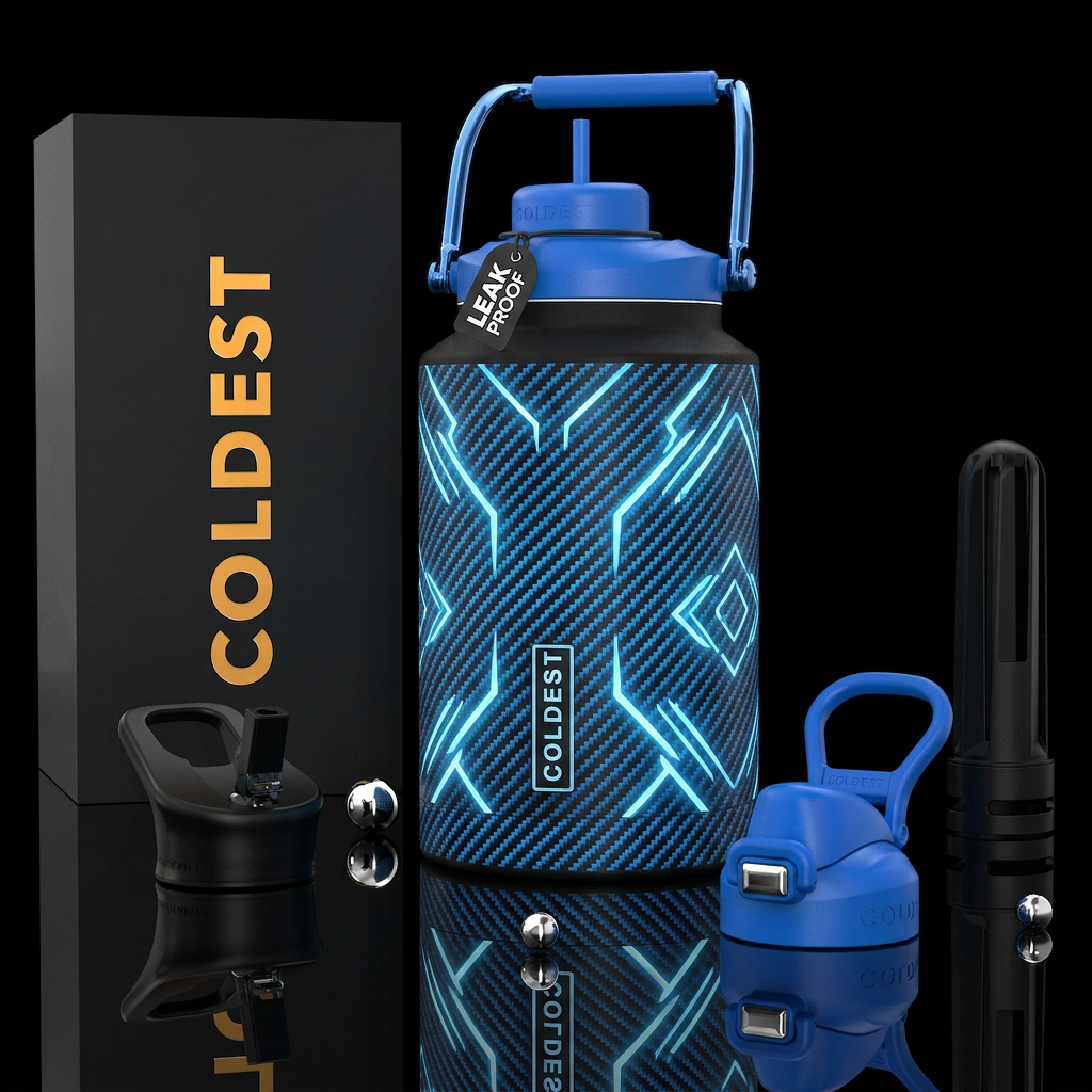Blue carbon fiber with geometric light blue glowy ... water bottle design