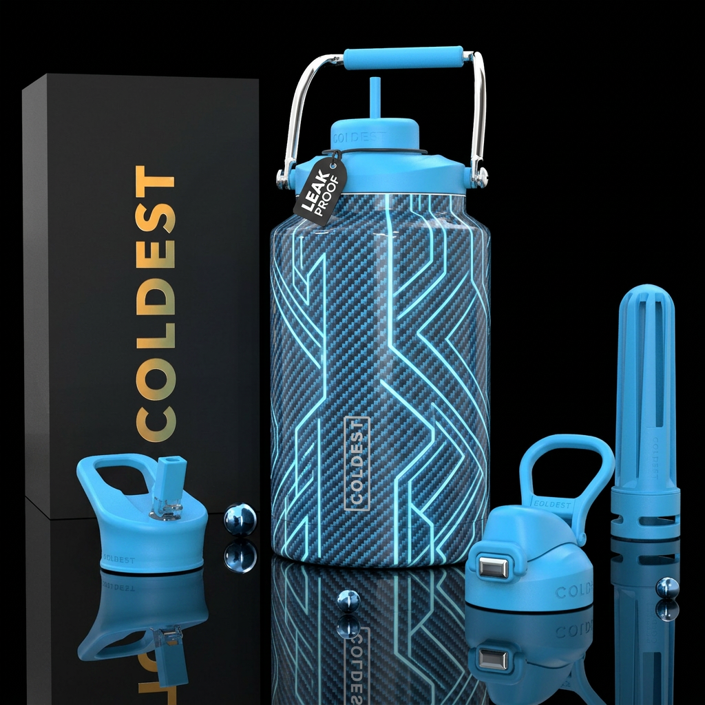 Blue carbon fiber with geometric light blue glowy ... water bottle design