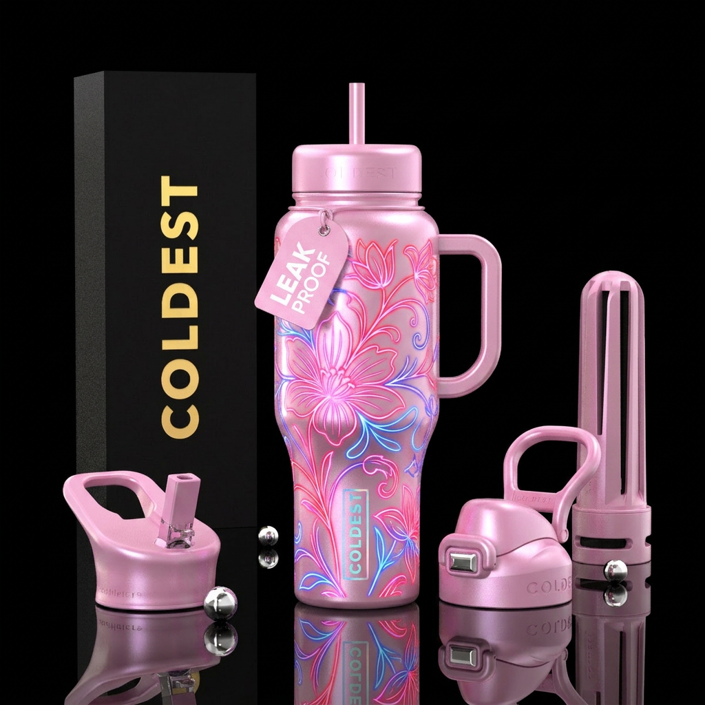 Pearl pink with pinstripe glowy floral pattern water bottle design