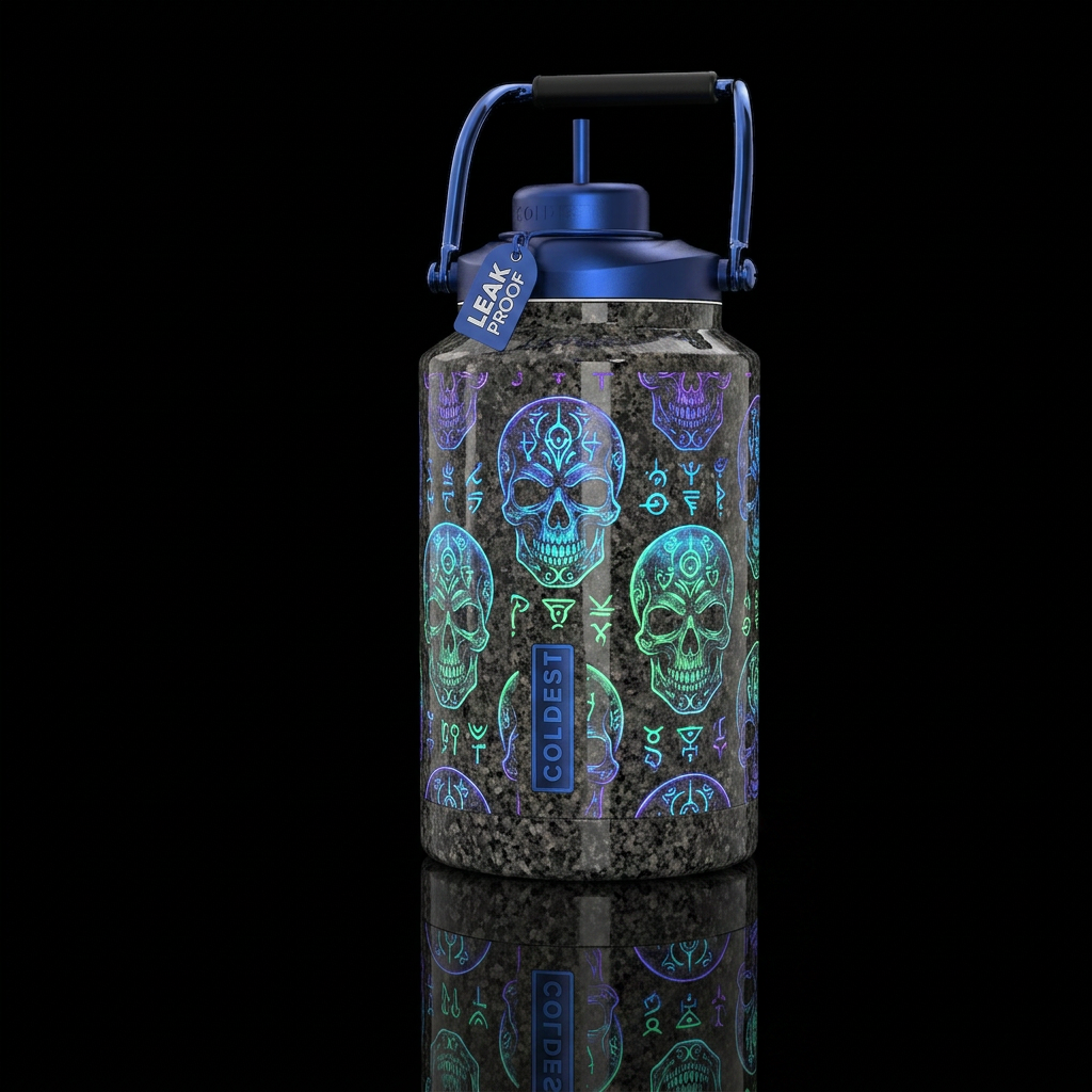 Crystal skulls with glowy alien symbols on granite water bottle design