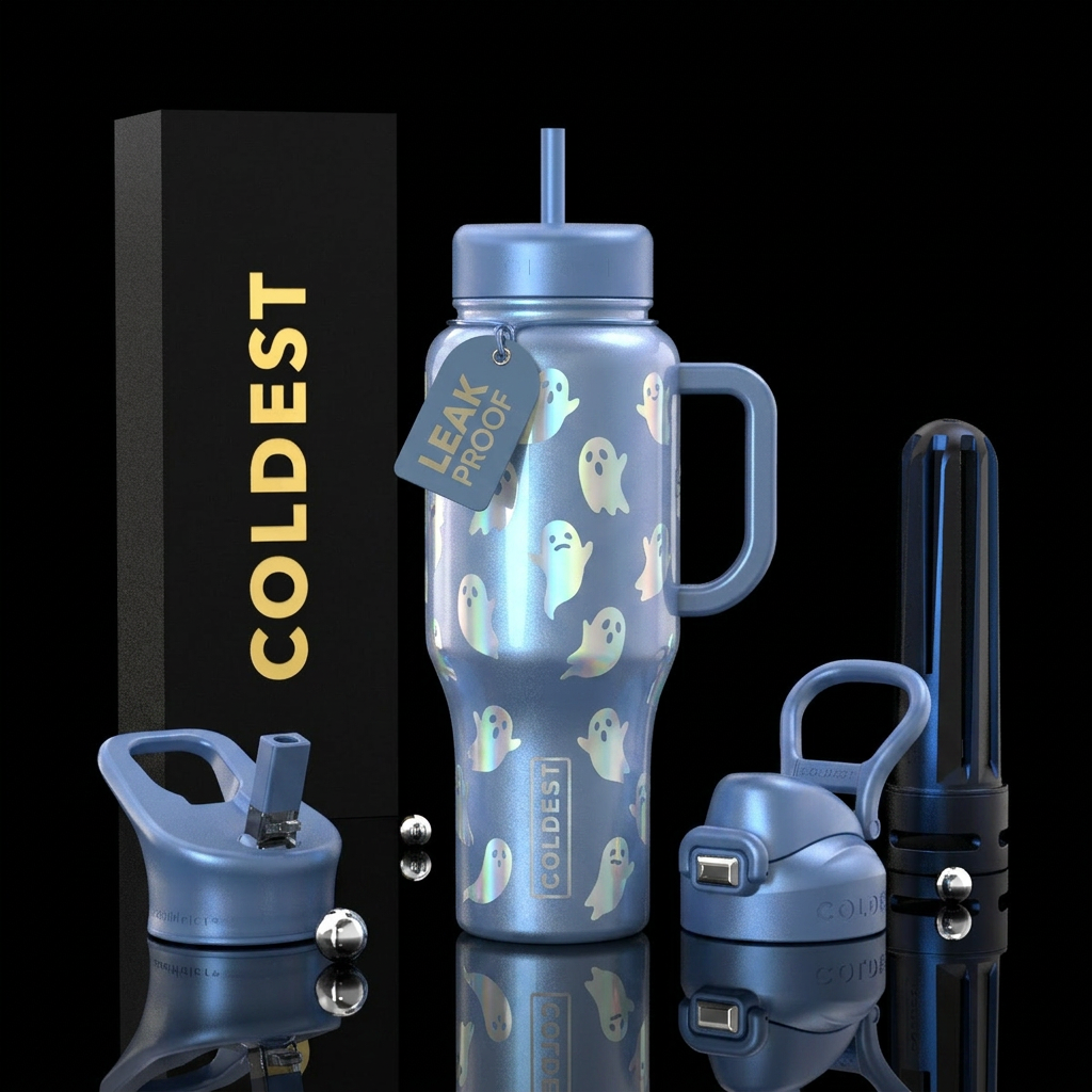 Pearl blue with glowy iridescent ghosts water bottle design