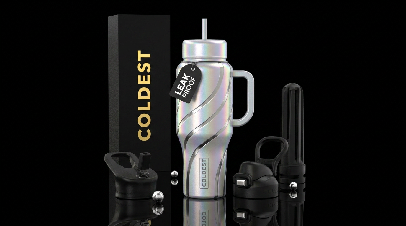 Iridescent silver with polished steel swirls water bottle design