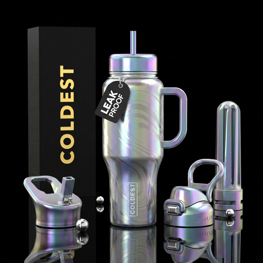 Iridescent silver with polished steel swirls water bottle design