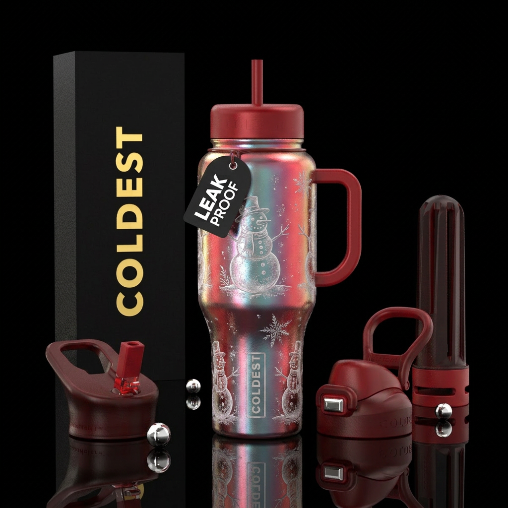 Tumbler is an Iridescent red Christmas ornament wi... water bottle design