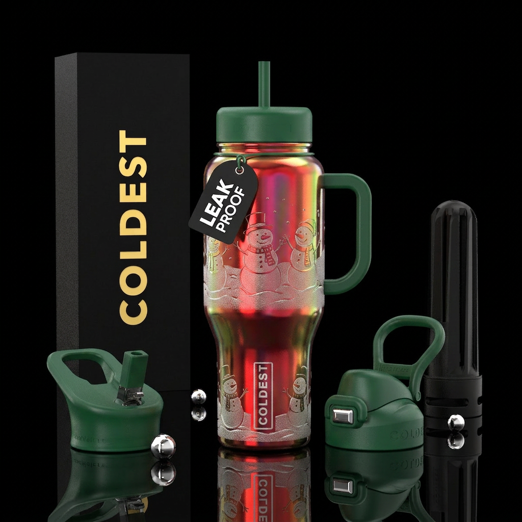 Tumbler is an Iridescent red Christmas ornament wi... water bottle design