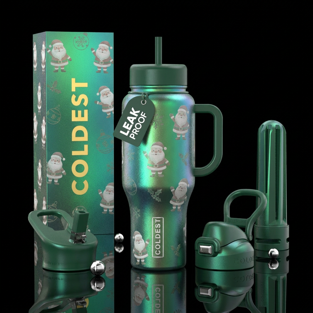 Tumbler is an iridescent green Christmas ornament ... water bottle design
