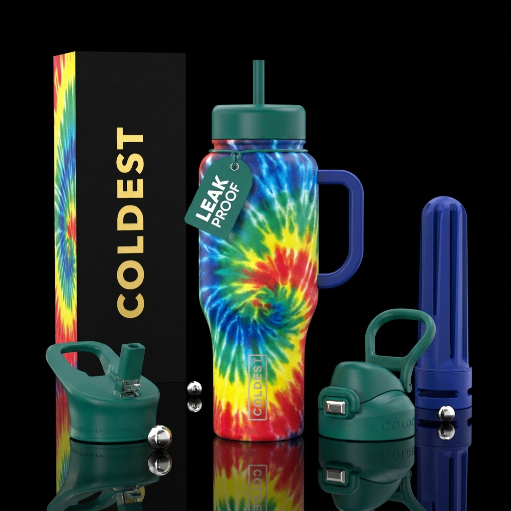 Tye die blue green yellow red water bottle design