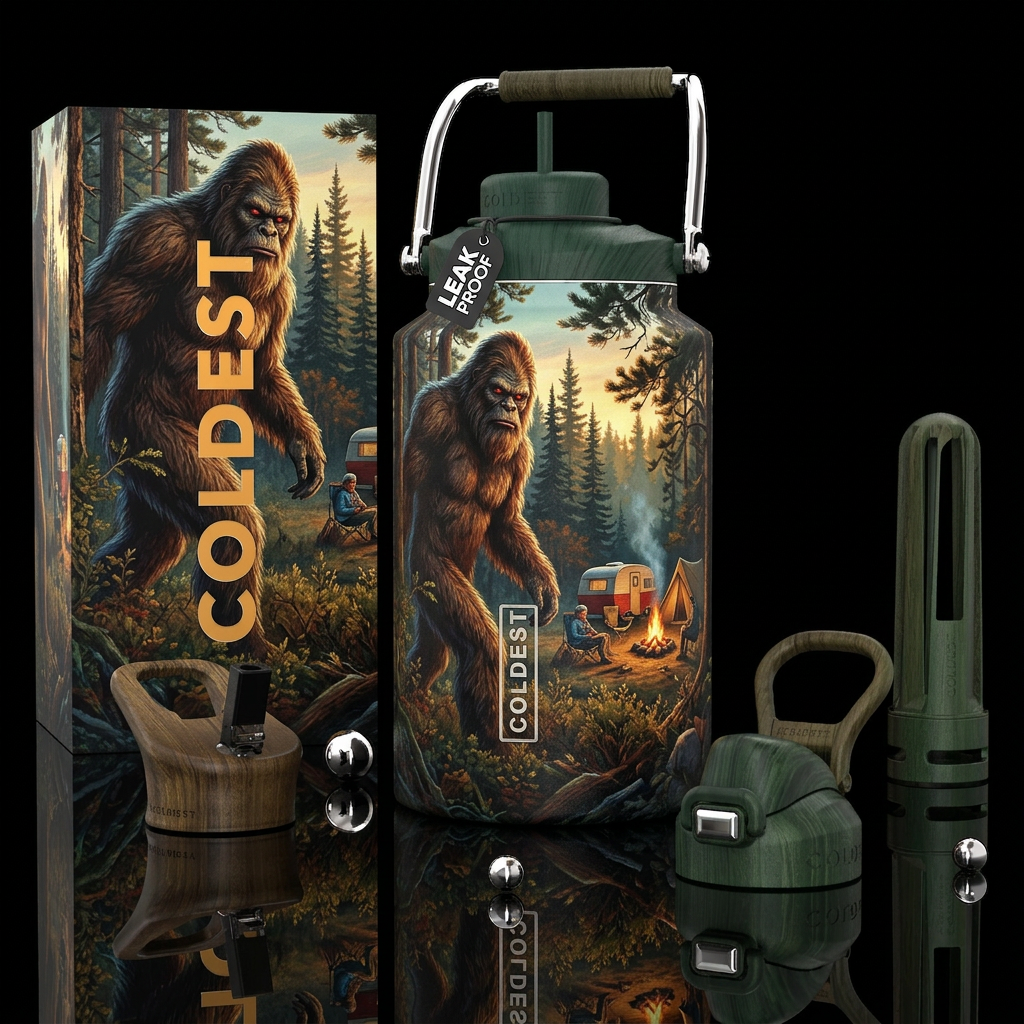 Bigfoot watching campers in the wilderness water bottle design