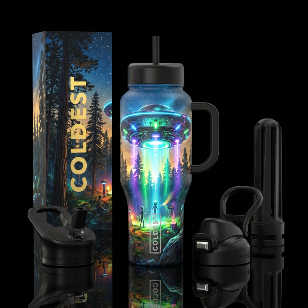 We are not alone, UFO landing in a forest clearing water bottle design
