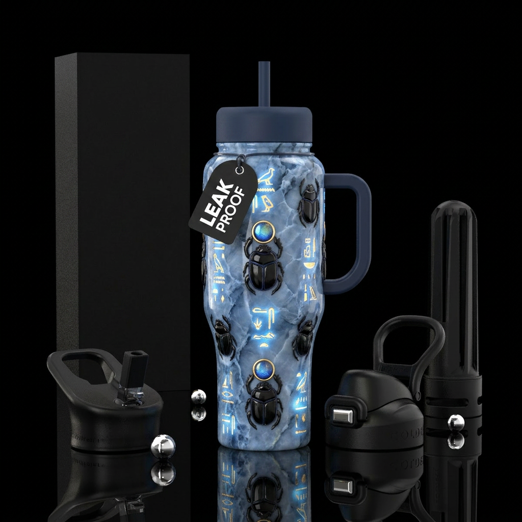 Tumbler is blue alabaster with obsidian scarabs an... water bottle design