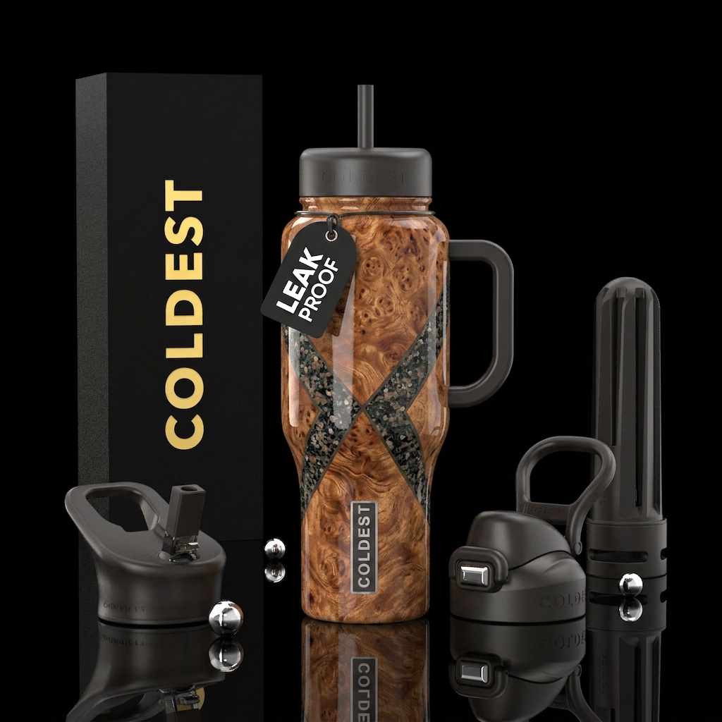 Tumbler is polished burl wood with granite inlay water bottle design