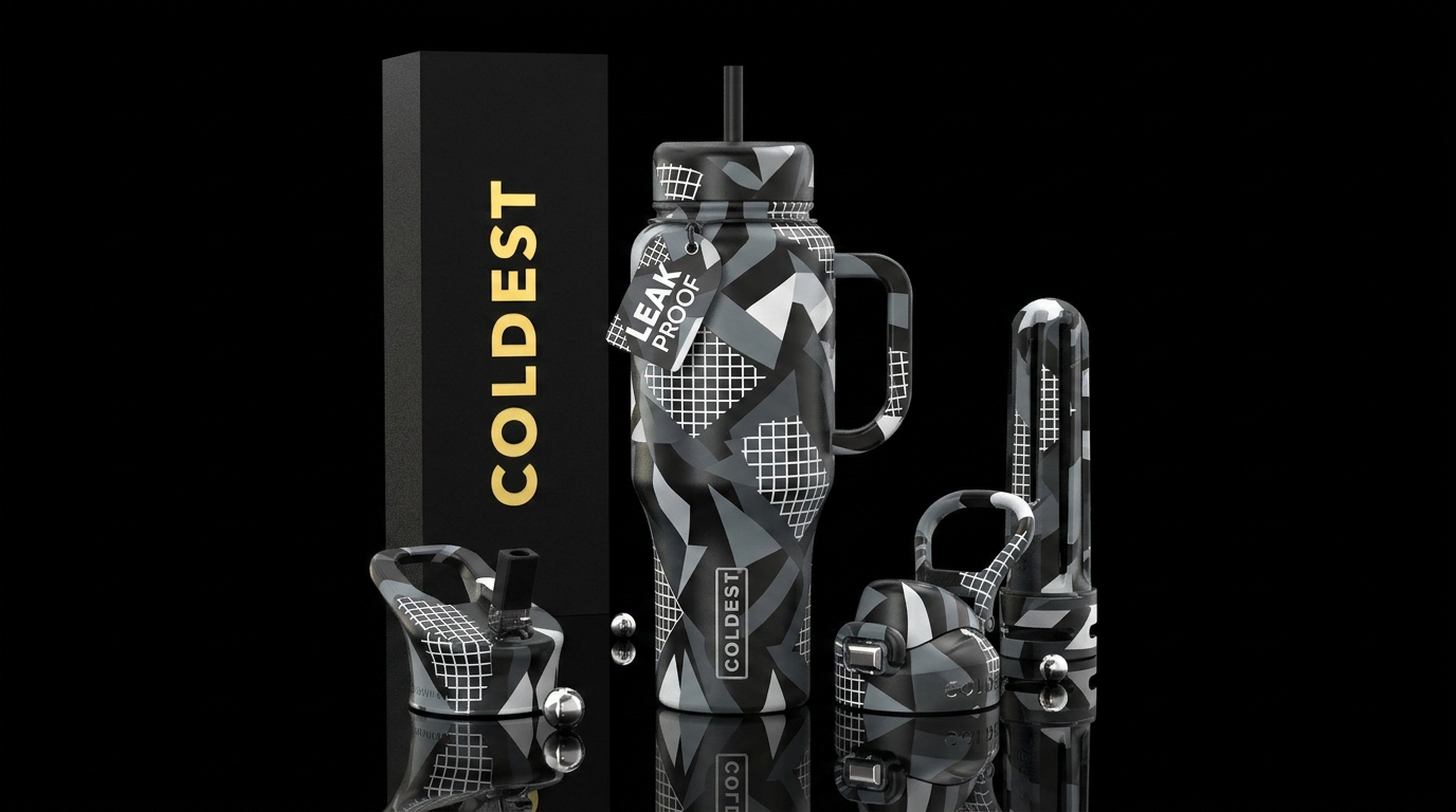 Tumbler is black, dark Grey, light Grey, and white... water bottle design