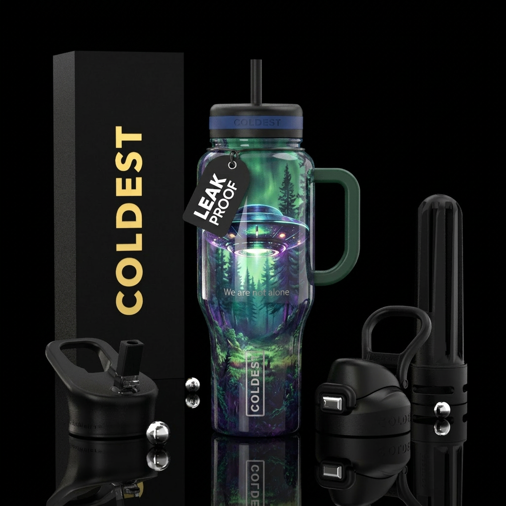We are not alone, UFO landing in a forest clearing water bottle design