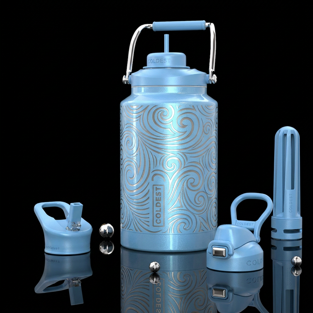 Tumbler is swirls etched into stainless steel with... water bottle design
