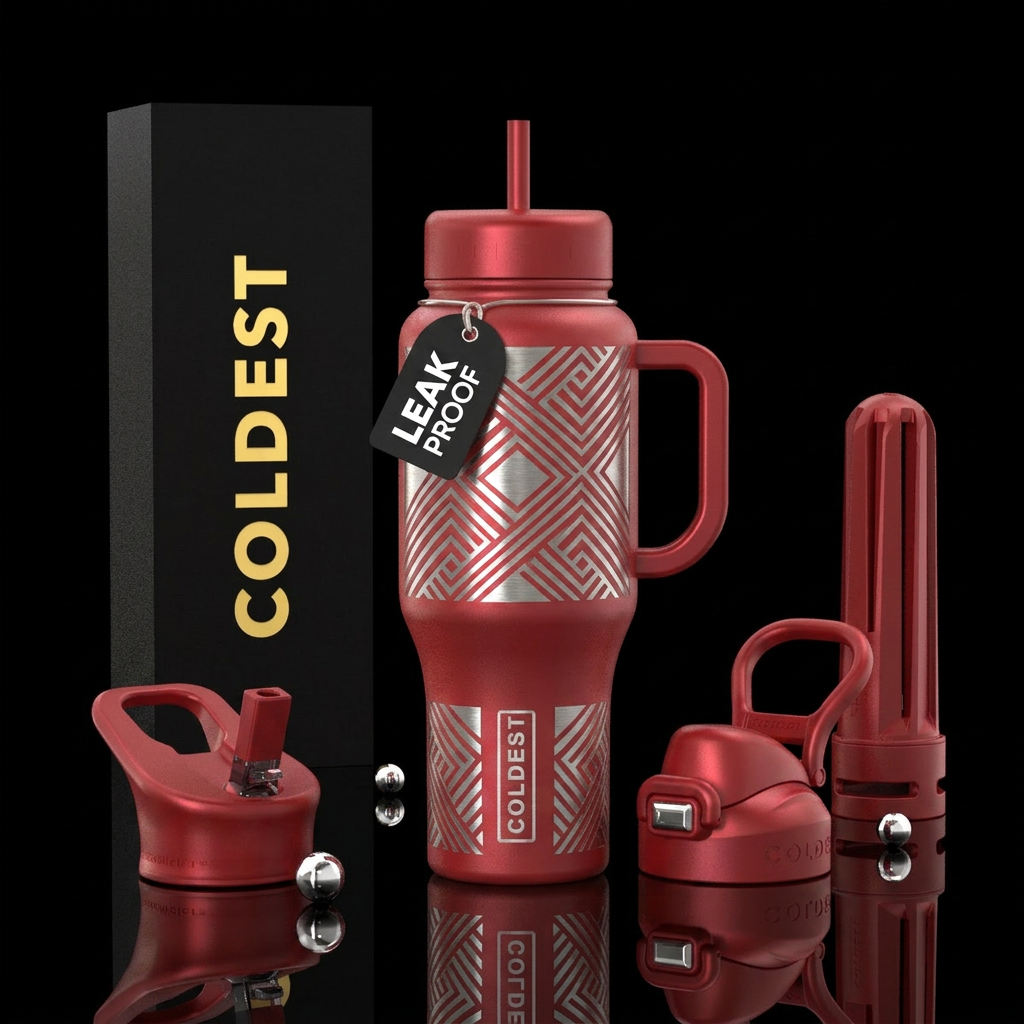 Tumbler is etched stainless steel in geometric pat... water bottle design
