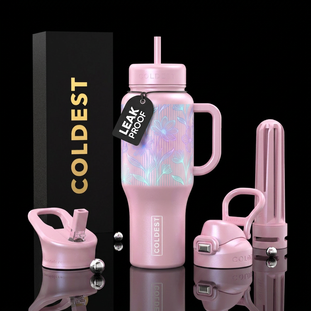Pearl pink with pinstripe glowy floral pattern water bottle design