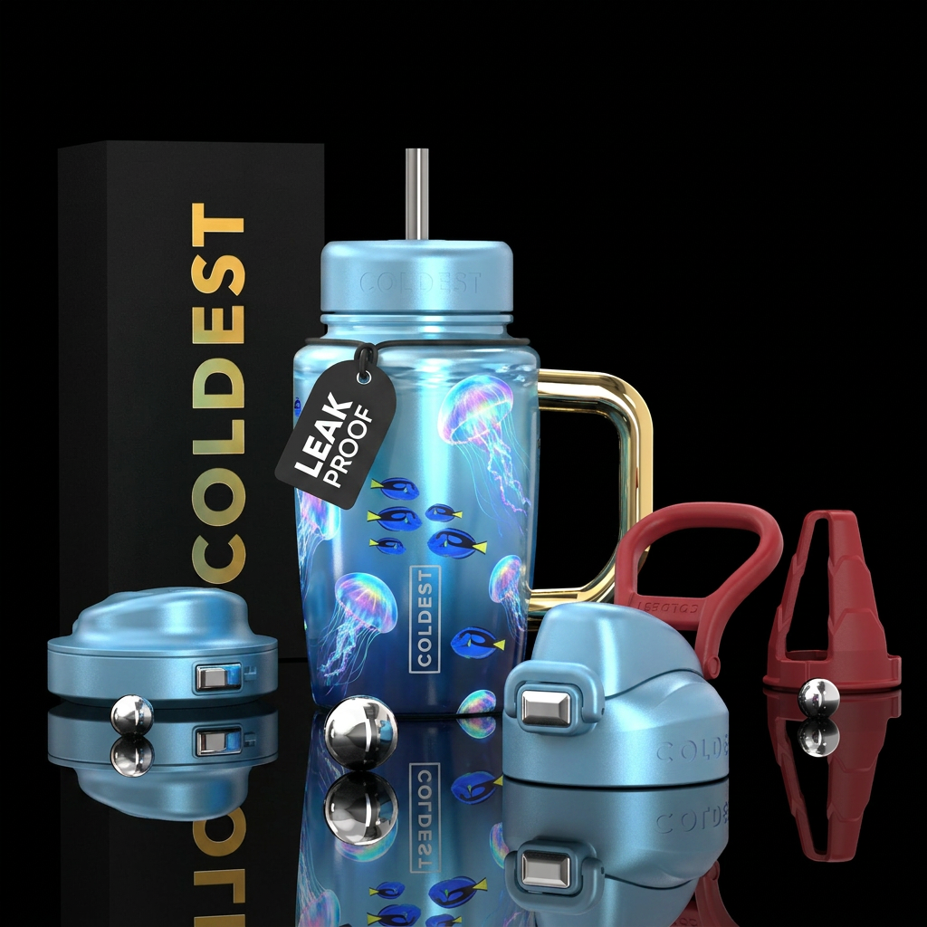 Light Metalic blue with iridescent glowy jellyfish... water bottle design