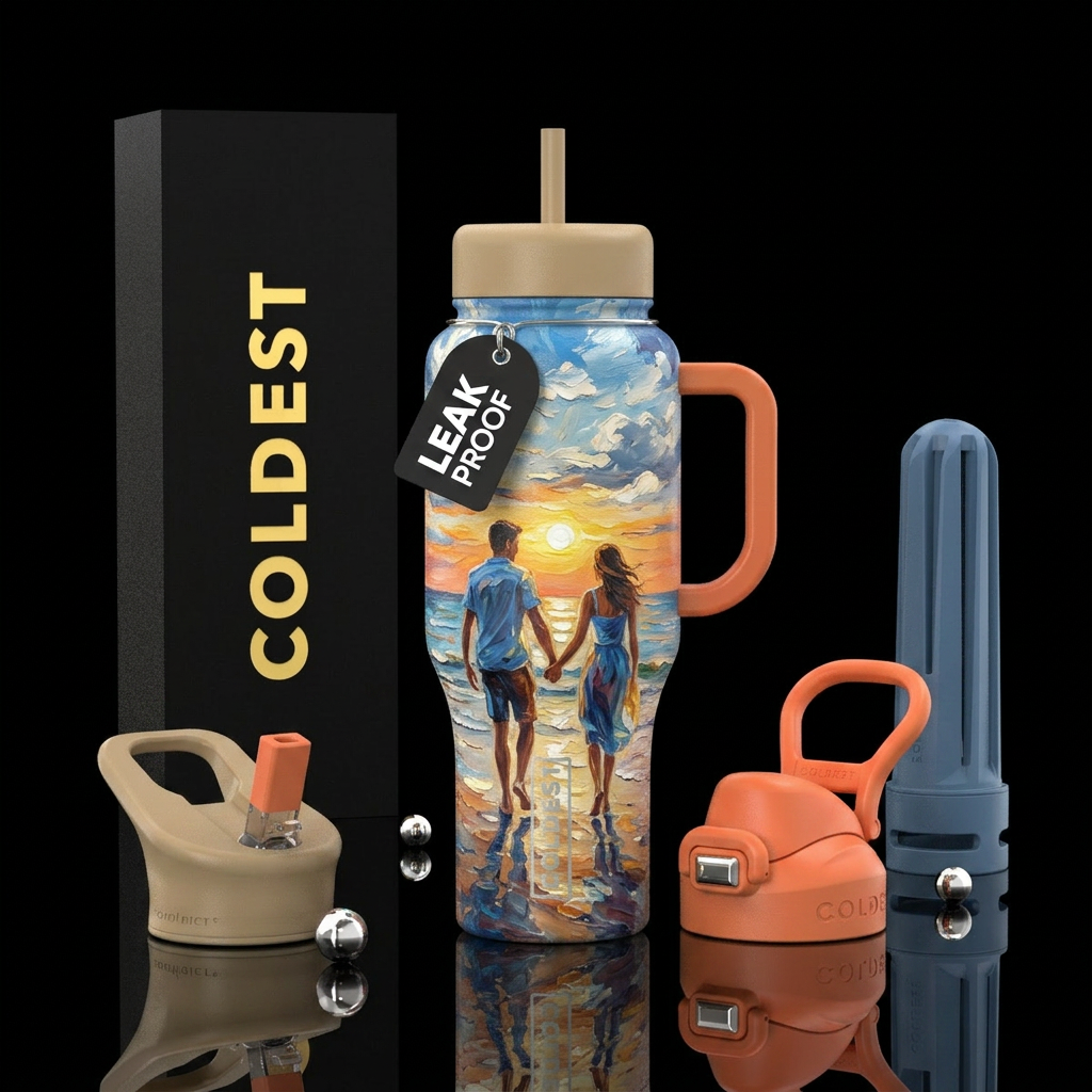 Oil painting of couple walking on s beach with sun... water bottle design