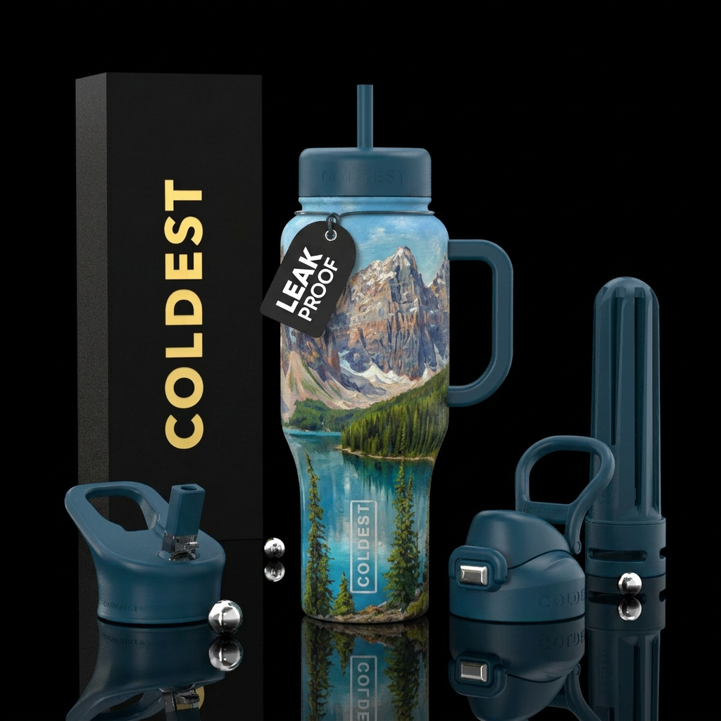 Oil painting of rocky mountains reflecting off of ... water bottle design