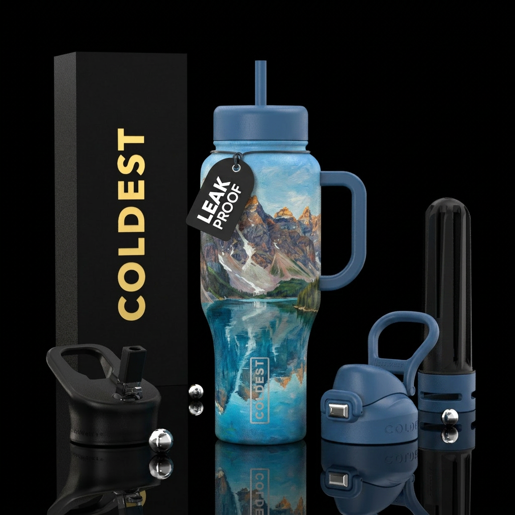 Oil painting of rocky mountains reflecting off of ... water bottle design